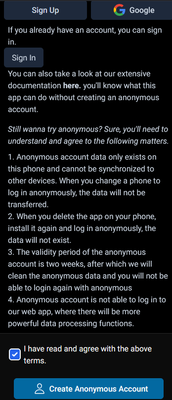 to login anonymously, users need to agree with a few terms.