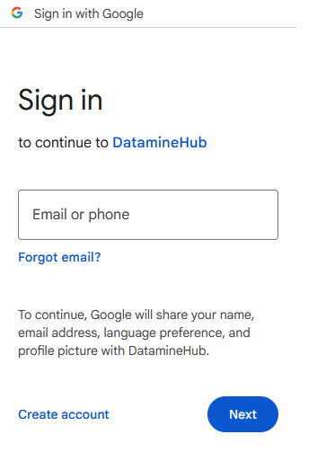 on google login workflow, confirm you are going to login to dataminehub with google account.