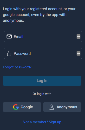 login page with email and password, also the google login and anonymous login is supported too.