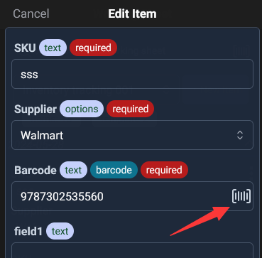 the barcode scan icon also exists on the edit item modal where you can tap it to scan barcode.