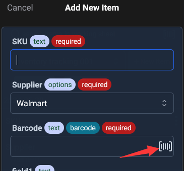 a barcode scan icon on the barcode field, tap it to scan the barcode and fill into the input box.