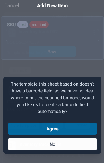 the app detects the sheet does not have a barcode field, ask for creating one automatically and fill in the captured barcode.