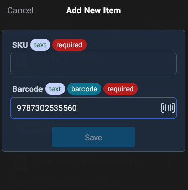 the new barcode field is created automatically, and the field value is the just captured barcode.