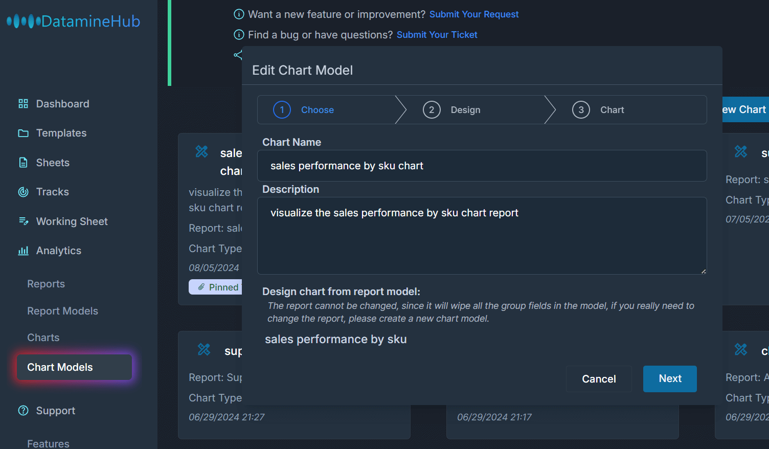 edit chart model, can change the name, description, choose group fields, but the report it relies on cannot be changed.