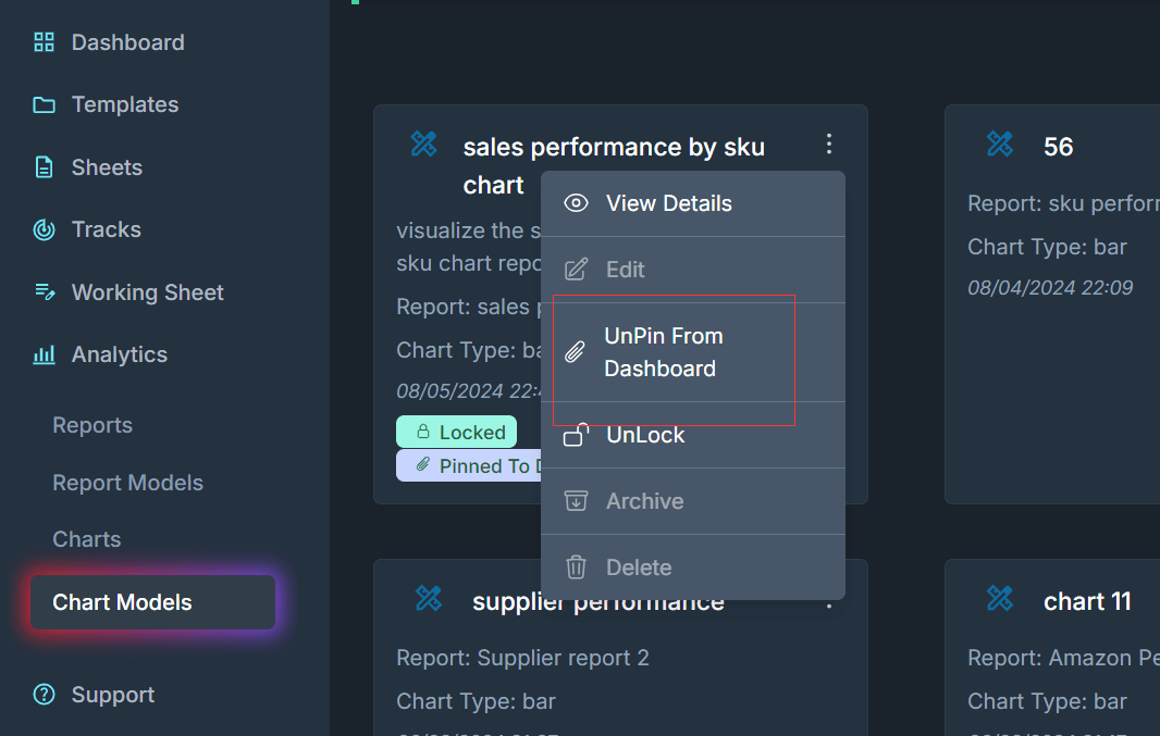 unlock a locked chart model to modify its design, or archive, delete it.