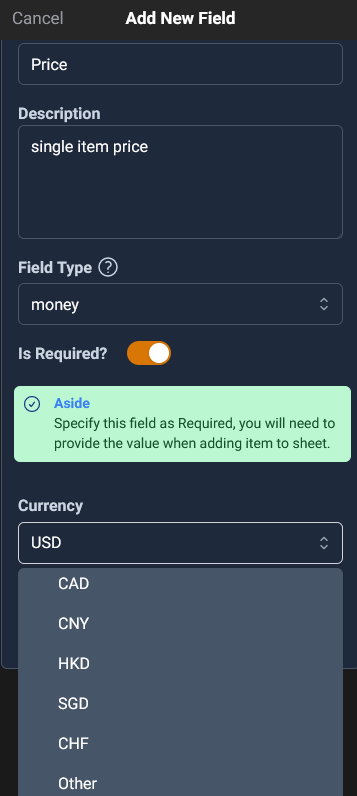 add a money field Price, different than decimal, money field has a currency prefix