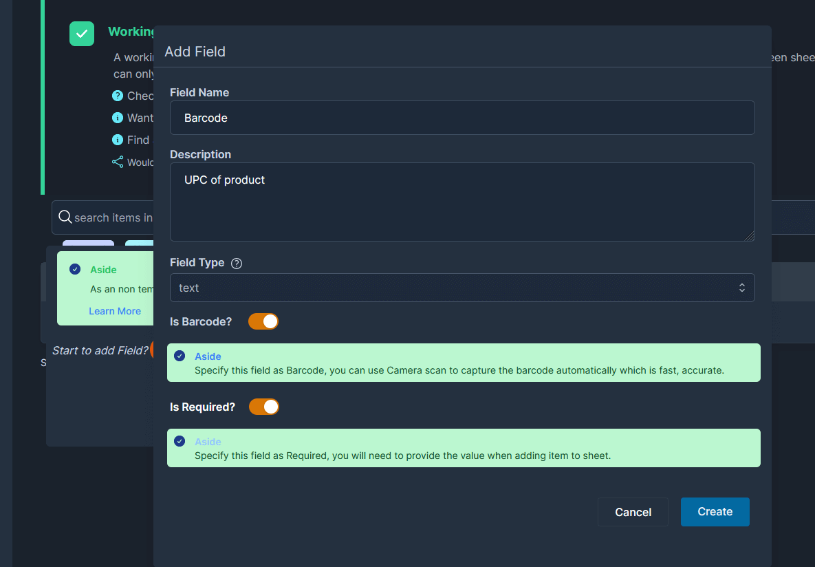 add a new field to the non template based sheet on the web app, such as a Barcode field, choose text as the data type.