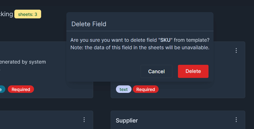 delete a field from the template on web app, this will remove this field value from all sheets based on this template.