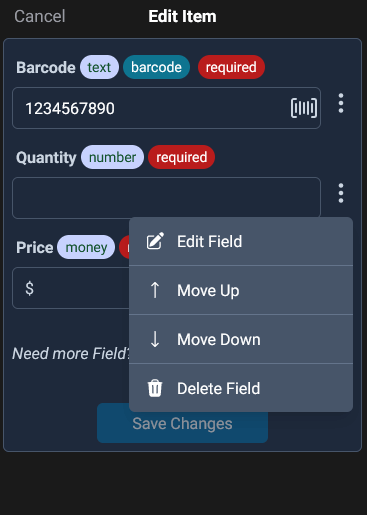 tap the ellipsis icon to edit the field in the edit item view for non template sheet.