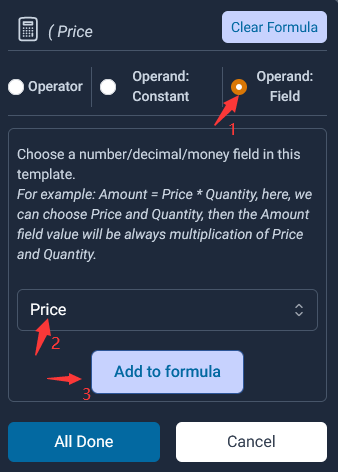 choose the Price field from the operand field after the start parenthesis