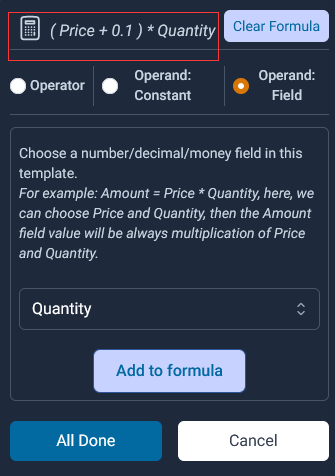 choose the Quantity field from the operand field