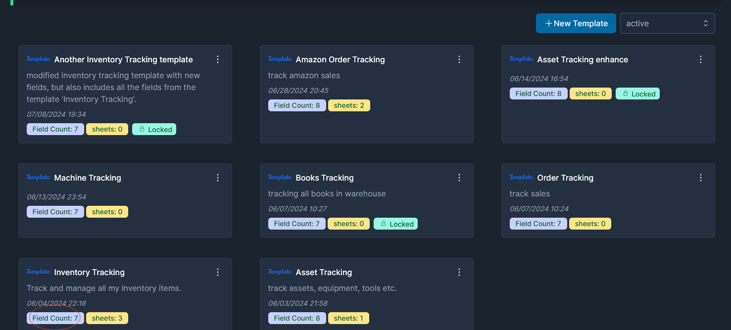 template list on web app with the new created fields in inventory tracking template