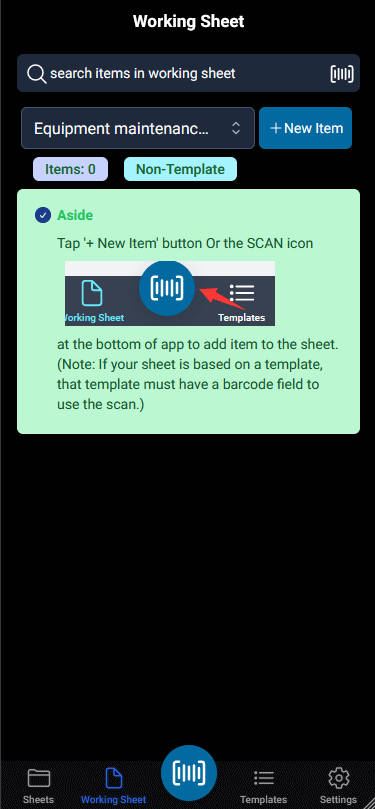 select a sheet from multiple sheets as the current working sheet, then scan barcode and add items to this working sheet.