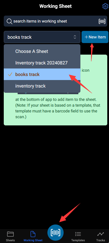 choose sheet books track as working sheet, either tap the barcode scan icon or the new item button to start add item.