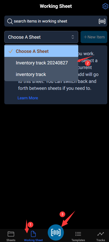 choose a working sheet on mobile app, start to add a new item to the selected sheet. scan barcode is also a good start.