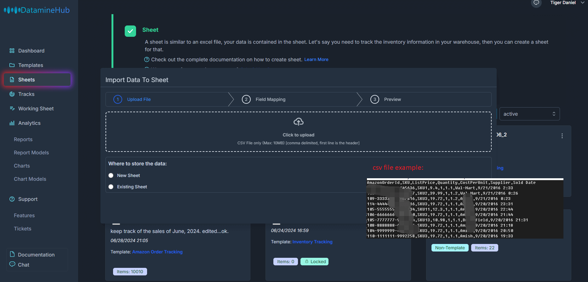 the import file workflow consists of three steps. upload file, field mapping and preview.