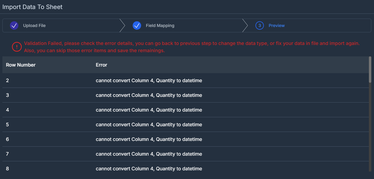 the valiation check every single row and each field to make sure the data type is correct, otherwise, show the errors.