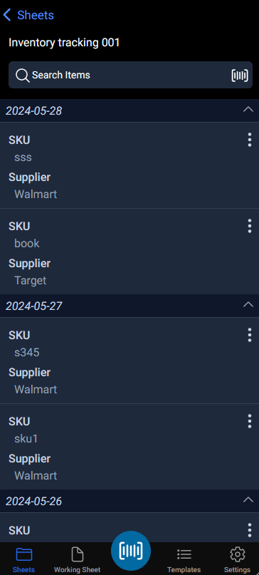 sheet items on sheet inventory tracking, tap the sheet on sheets view, route to the sheet items view, the items grouped by date.