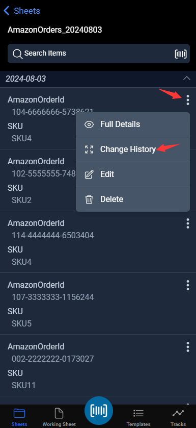 choose the change history option from the menu by tapping the ellipsis icon on the item