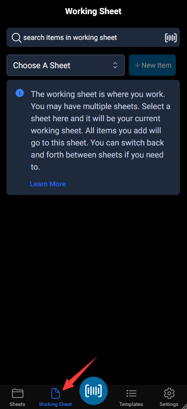 the working sheet view is where you can add items to it, scan barcode is the preferred way if your data has barcode field.