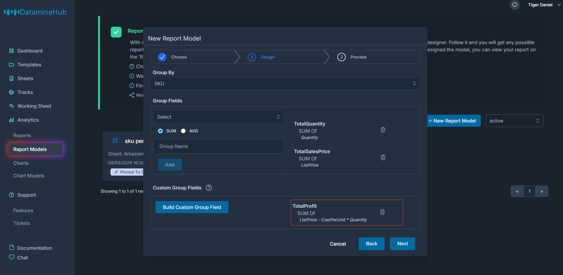 created a custom group field TotalProfit equals to the sum of list price minus cost per unit multiplied by quantity.