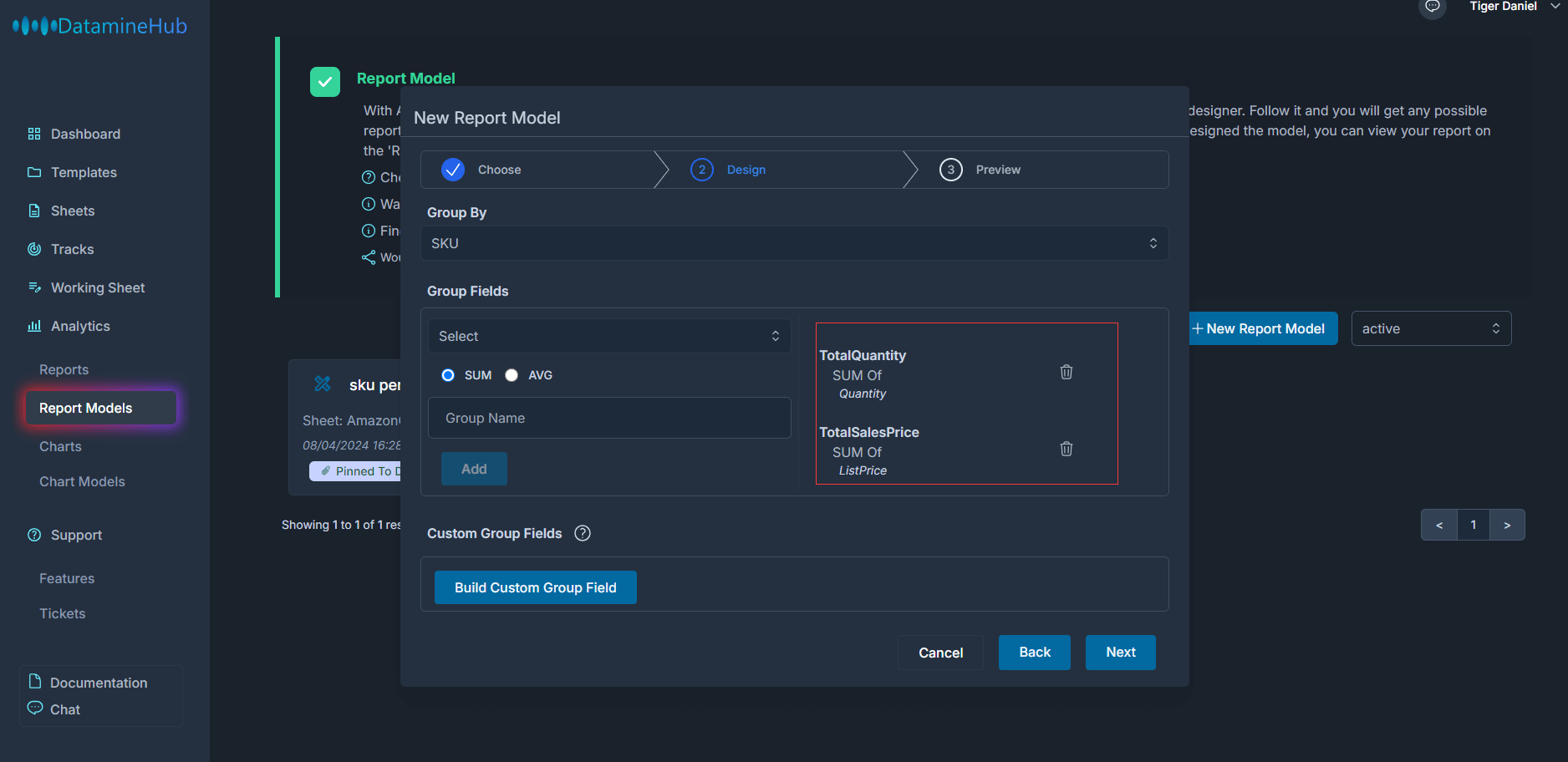 created two group fields, TotalQuantity and TotalSalesPrice, sum of the quantity and list price fields.