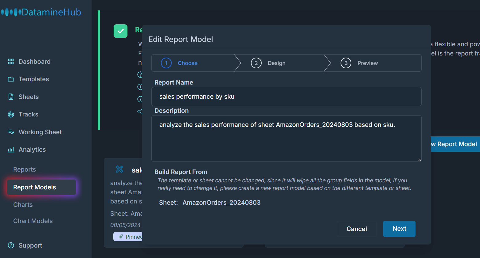 edit model allows you to change the model name, description, group by, group fields and group custom fields.