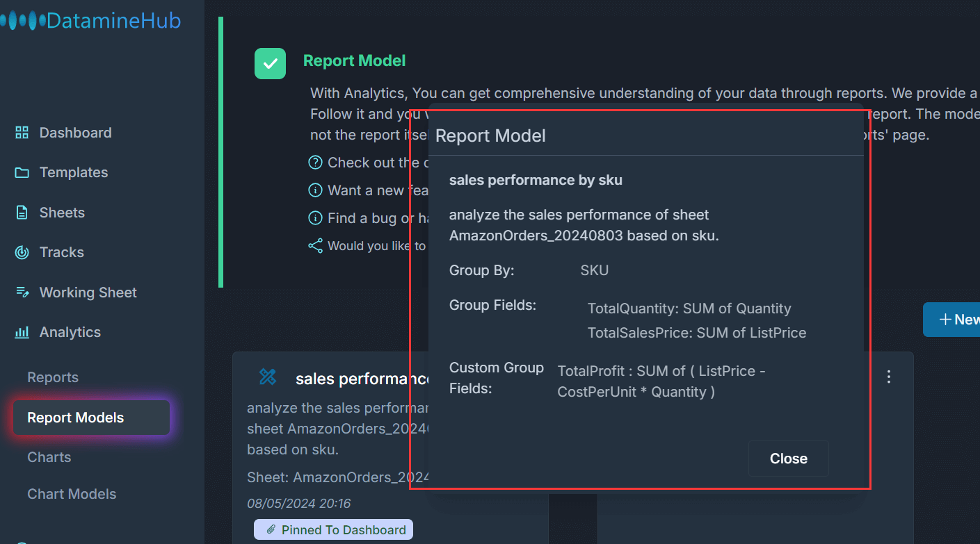 the report model modal shows the definition of group by, group fields and custom group fields.