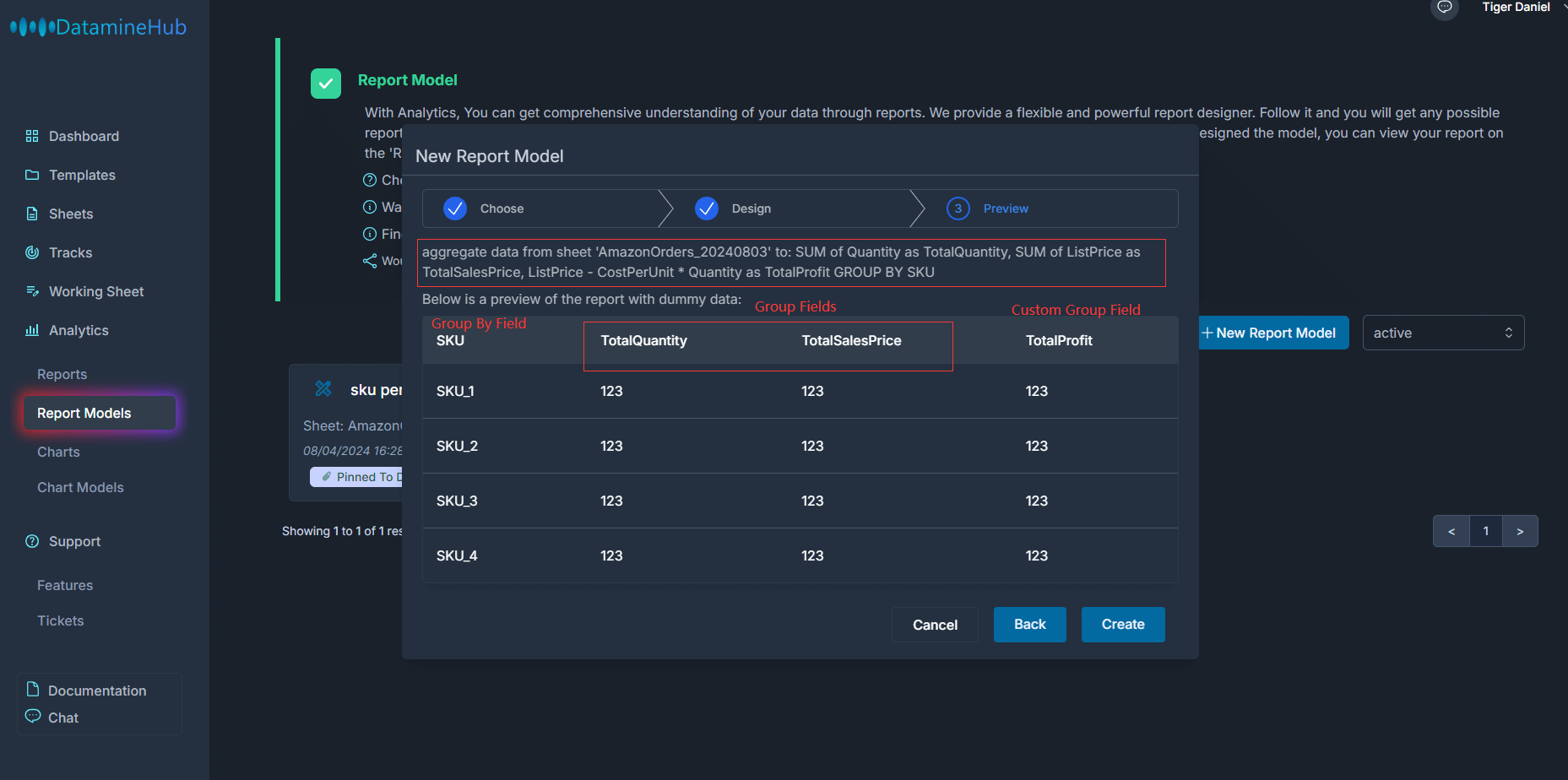 preview the report model with dummy data, the group fields and custom group fields aggregate data by group by field SKU.