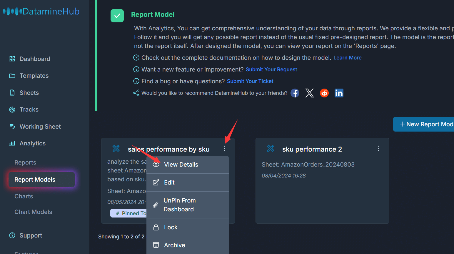 view the report model design details, includes the group by, group fields and custom group fields.