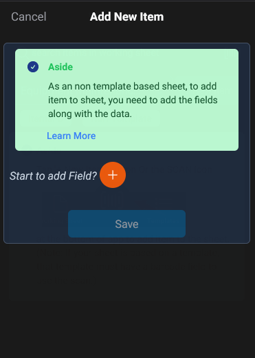 add the first item to a non template based sheet, add one field then provide the value and then another field and value.