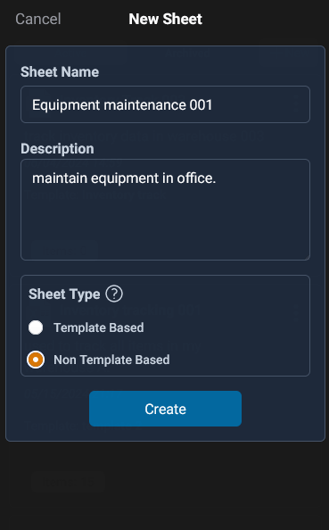 create a new non template based sheet for equipment maintain purpose on mobile app.