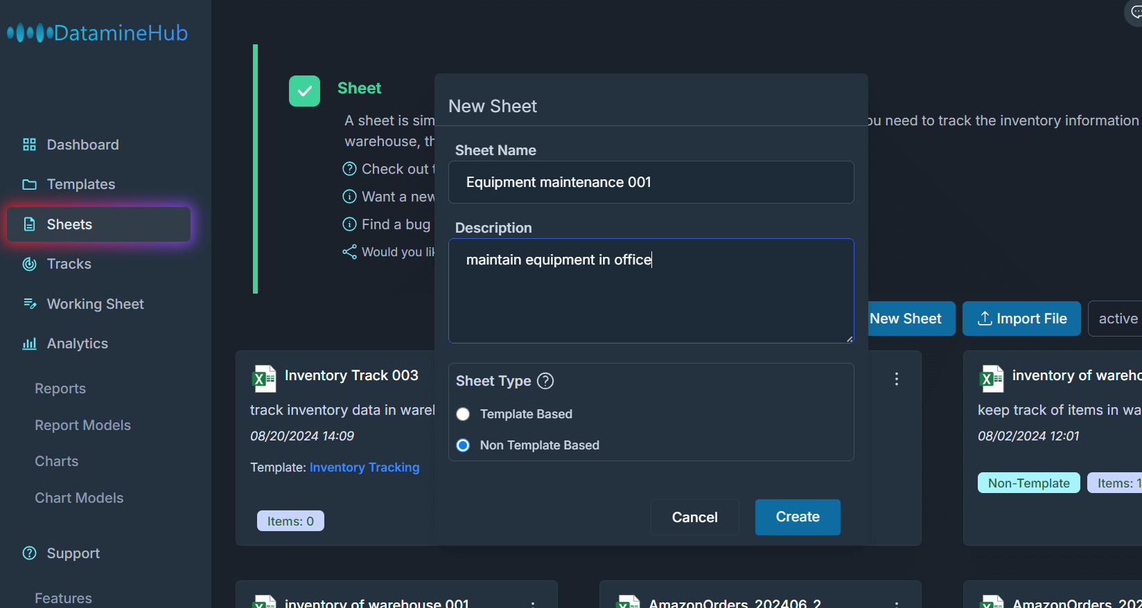 create a new non template based sheet for equipment maintain purpose on web app.