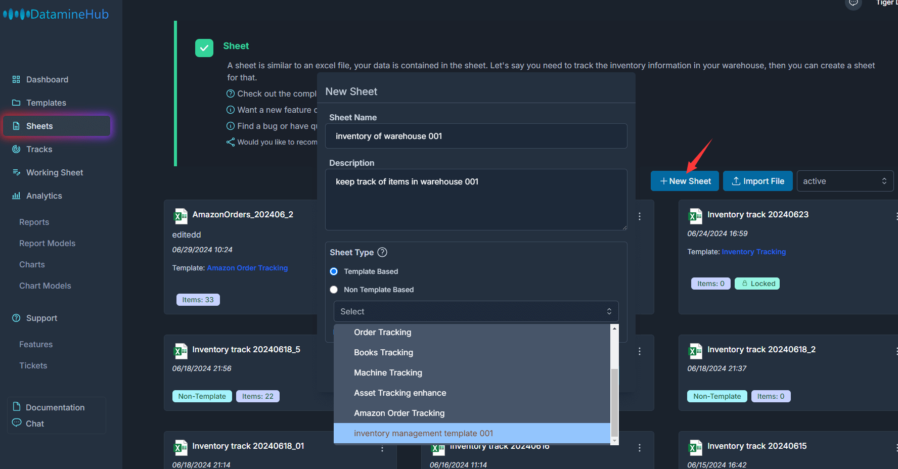 create a new sheet, set as template based, from template inventory management template 001