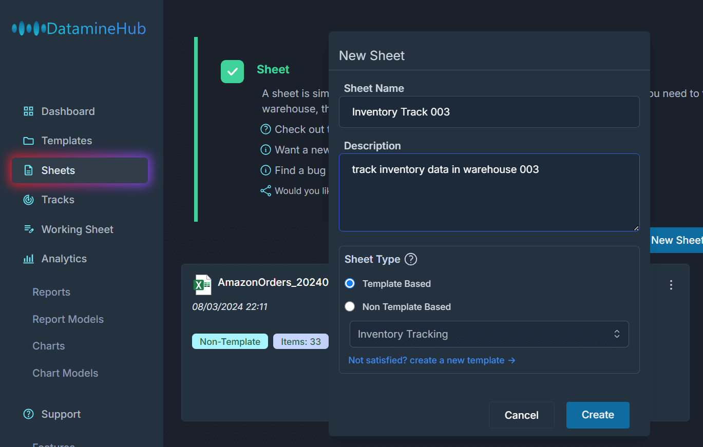 create a new sheet based on template inventory track with fields Barcode, SKU, Title, Quantity, Supplier etc.