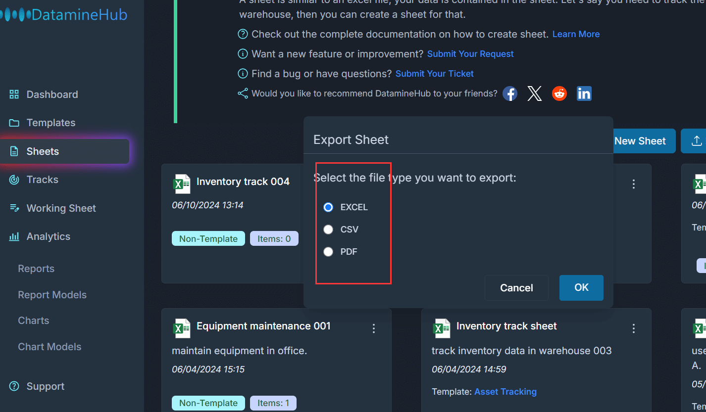 sheet export allows you to export the sheet to various format files, such as PDF, CSV, Excel, and others provided later.