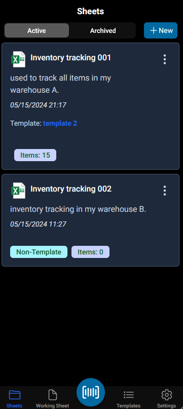 sheets view on mobile app displays all sheets created, either template based or non template based. also tags for items in it and template.