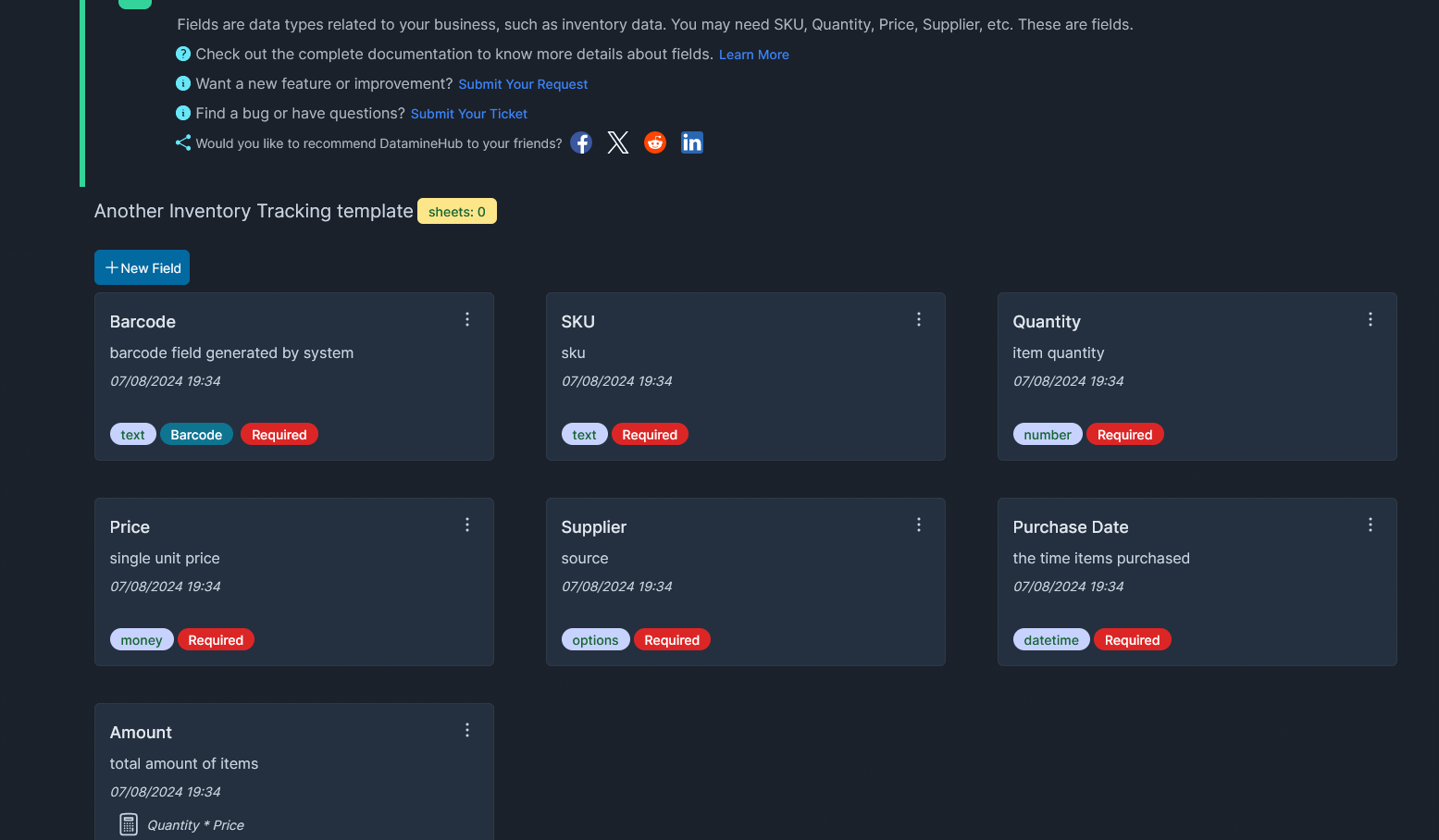 data fields in template, such as SKU, Quantity, Price, Amount, Supplier, Title on dataminehub web app.