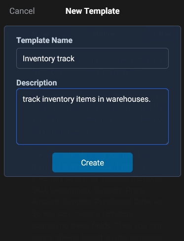 create an inventory template, set its name and description