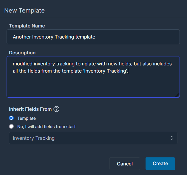 create an inventory template, set its name and description, inherits from another inventory tracking template.