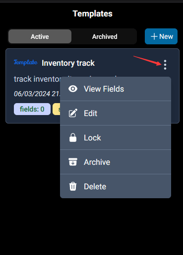 view fields, Edit, Lock, Archive, Delete template by clicking the ellipsis menu icon in dataminehub mobile app templates view.