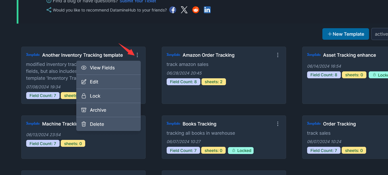 view fields, Edit, Lock, Archive, Delete template by clicking the ellipsis menu icon in dataminehub web app templates page.