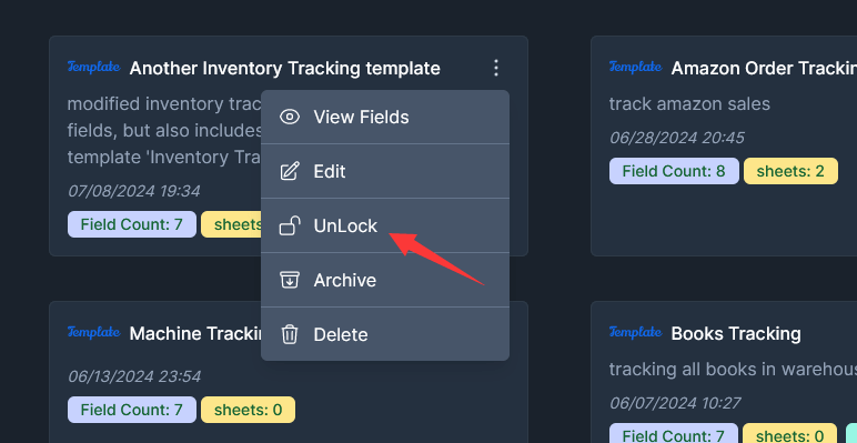 unlock the inventory track template to modify its fields, can add new field, delete field on web app.