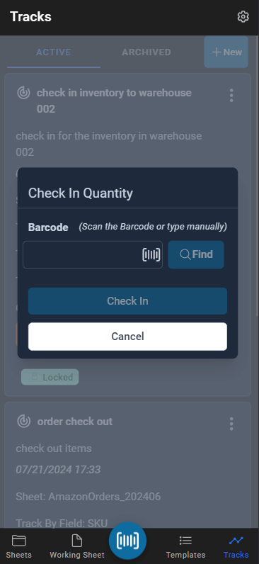 check in quantity modal, when scan barcode, it will find the item and increase the quantity automatically.