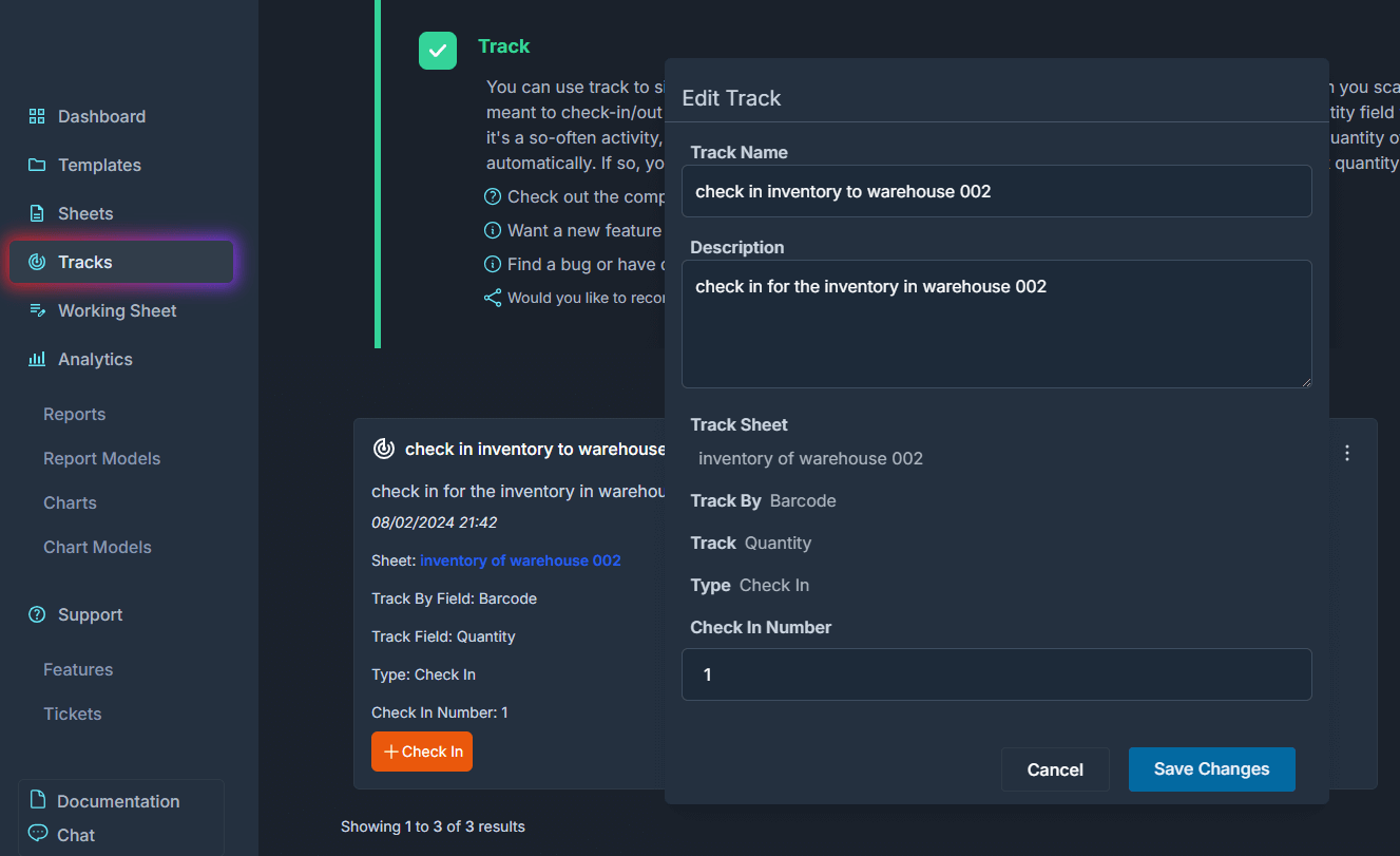 in the edit track modal, change the track name and description, check in number.