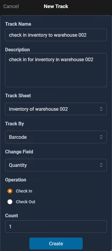 create a new track to check in quantity with barcode scan in sheet inventory of warehouse.