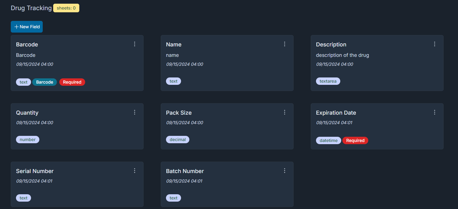 drug template with fields barcode, pack size, batch number, serial number, etc. It's a system pre-defined template.