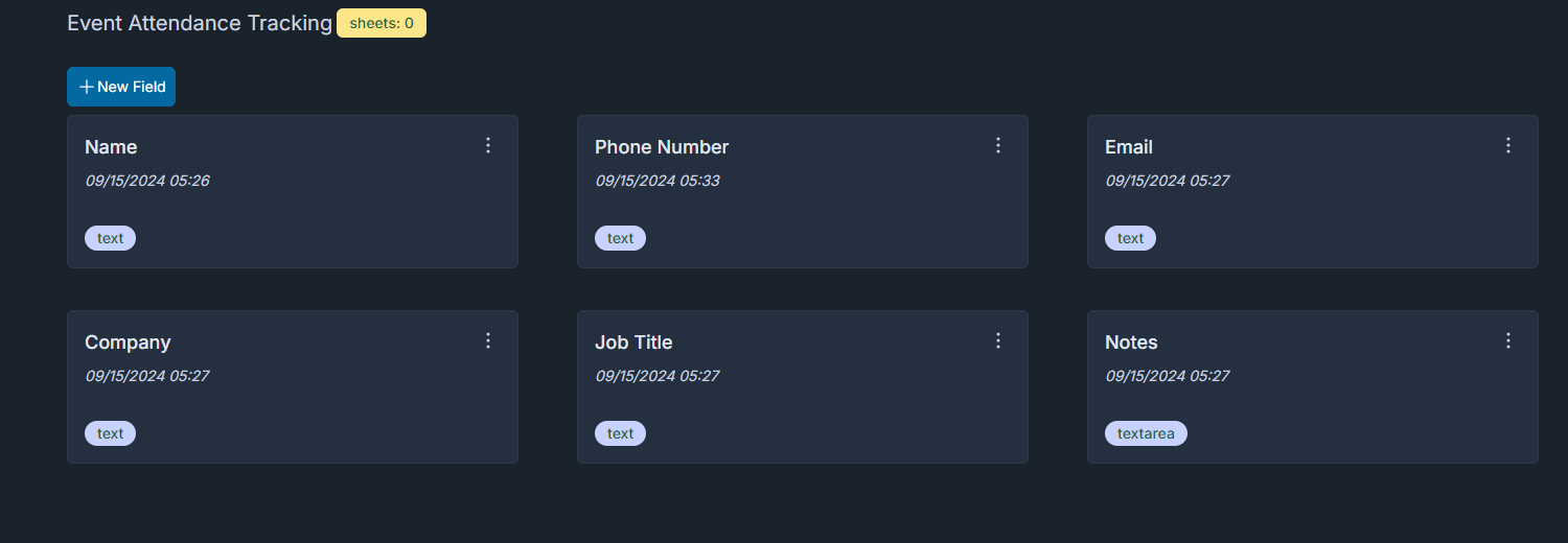 event attendance template with fields name, phone number, email, company, job title etc. It's a system pre-defined template.