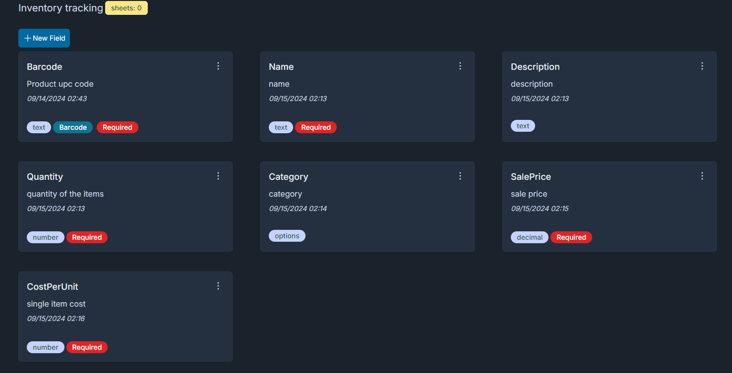 inventory template with fields Barcode, Name, Quantity, SalePrice, CostPerUnit etc. It's a system pre-defined template.