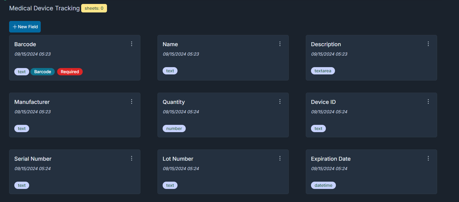 drug template with fields barcode, name, manufacturer, device id, serial number, lot number, expration date. It's a system pre-defined template.